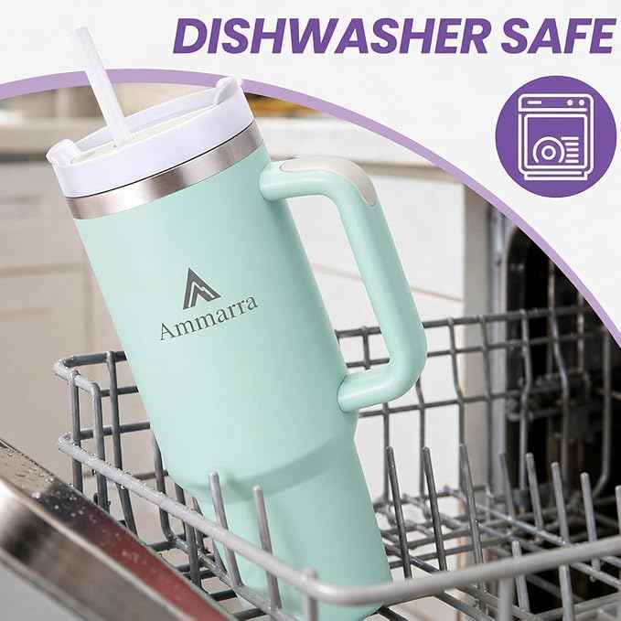 40oz Stainless Steel Vacuum Insulated Tumbler with Handle and Straw, Large Capacity Insulated Cup (Light Green)