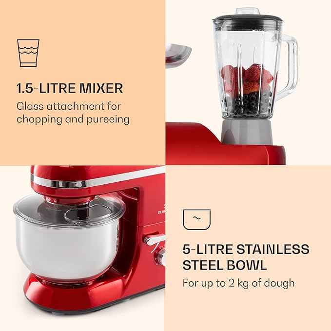 Klarstein Lucia Elegance - Stand Mixer, Food Processor and Mixer, Meat Grinder, 1300 Watt in 6 Power Levels, Pulse Function, 5L Stainless Steel Bowl, 1.5L Glass Mixing Jug, Red