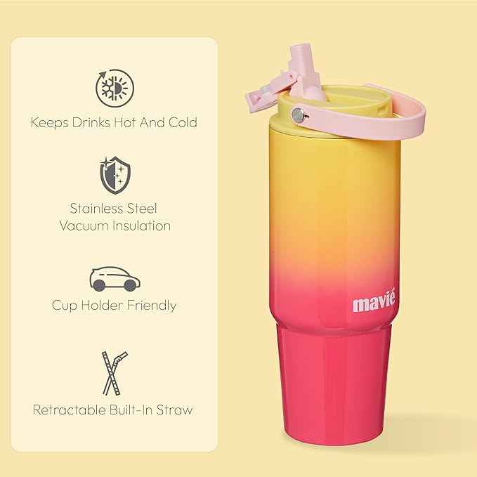 30oz Tumbler With Top Handle & Built-In Flip Straw + Sip Spout, Double Insulated Stainless Steel Water Bottle, 100% Leakproof & Reusable, Cup Holder Friendly Travel Coffee Mug (Pink Yellow)