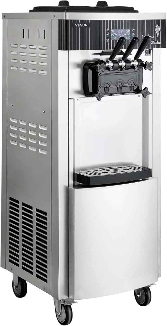 VEVOR Commercial Ice Cream Machine, 20-28L/H Yield, 2200W 3-Flavor Freestanding Soft Serve Ice Cream Maker with 2 x 6L Hoppers & Hopper Agitation, Pre-Cooling Self-Cleaning for Snack Dessert Shops