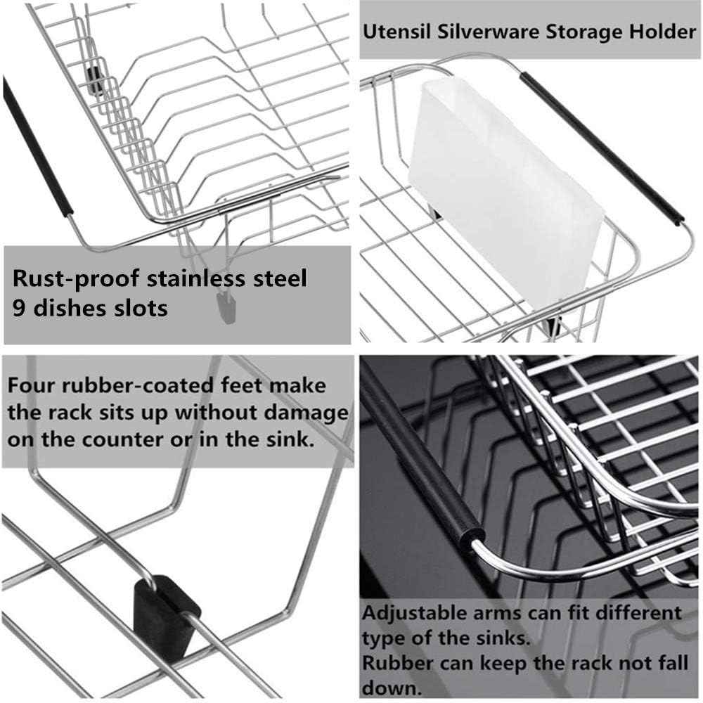 SANNO Large Expandable Dish Drying Rack Sink Dish Rack in Sink or On Counter, Dish Drainer Rustproof Stainless Steel with White Utensil Silverware Storage Holders