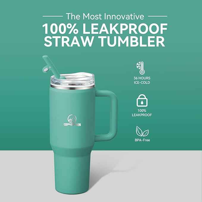 Gpeng 30/40/50 oz Tumbler with Handle, Water Bottles with Straw Lid, Insulated Stainless Steel Travel Mug Cup Holder Friendly, Keep Drinks Cold or Hot for Hours (Aqua, 40 oz)