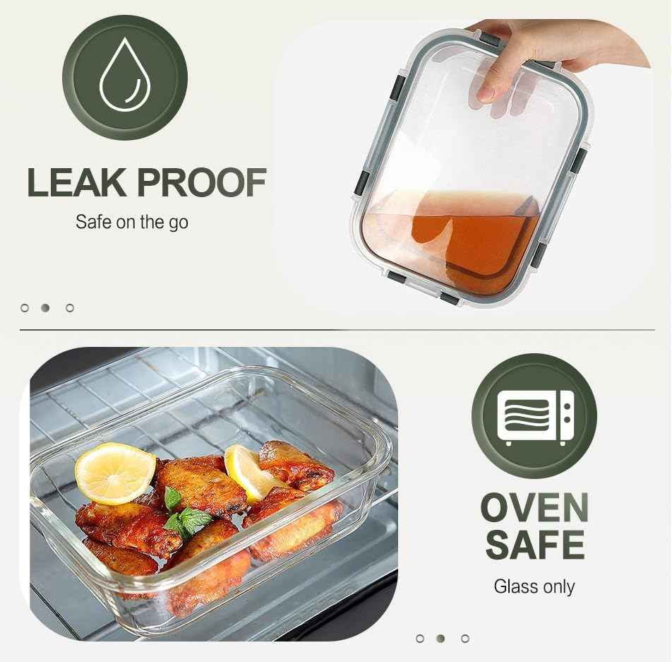 KOMUEE 10 Packs 30 oz Glass Meal Prep Containers,Glass Food Storage Containers with Lids,Airtight Lunch Bento Boxes,Microwave,Freezer and Dishwasher,Gray