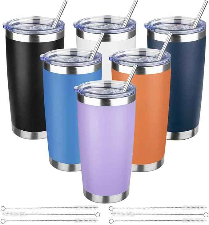 20 oz Tumbler with Lids and Straws, Stainless Steel Insulated Travel Coffee Mug, Double Wall Vacuum Insulated Tumblers, Powder Coated Coffee Tumbler for Cold & Hot Drinks (Mix Color-7)