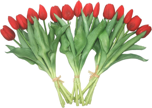 15pcs Artificial Tulips Flowers, Fake Tulips Real Touch, Faux Latex Bouquets, for Party Wedding Home Room Decoration (Red)