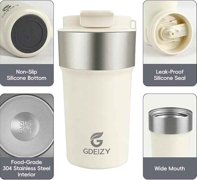 Insulated Coffee Mug, 17oz Stainless Steel Travel Mug with Flip-Top Straw Lid, Leak Proof Vacuum Insulated Tumbler, Reusable Coffee Cup for Hot & Cold Drinks, Milky White