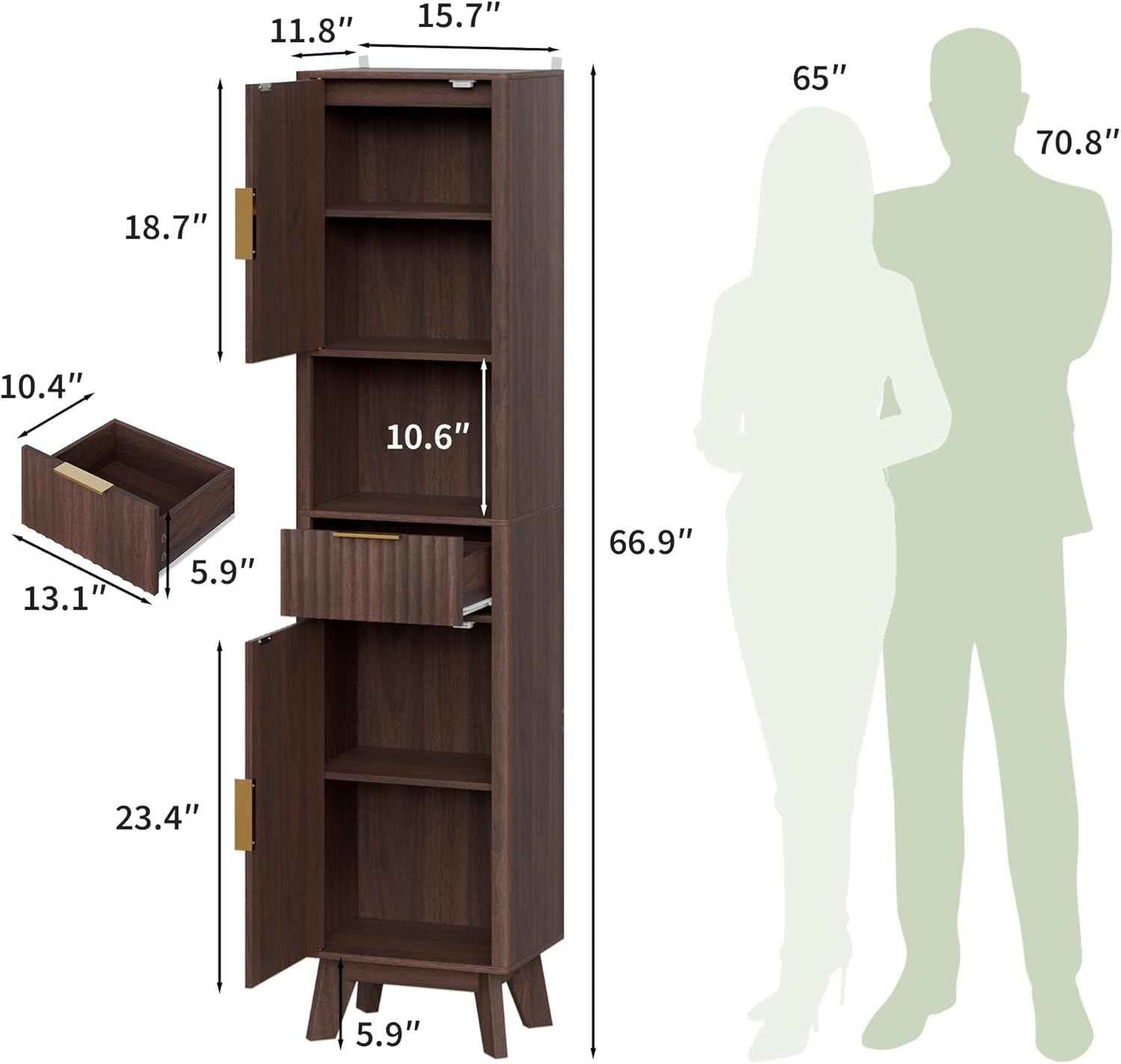 67" Tall Bathroom Storage Cabinet with Fluted Doors, Narrow Metal Cabinet with Fluted Doors and Drawer, Thin Cabinet with Open Countertop for for Bathroom, Living Room, Kitchen, Dining Room, Walnut