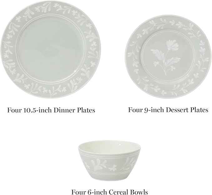 Martha Stewart Dinnerware Set - Maiden Crown 12-Piece Dish Set, Sage Green – New Bone China Ceramic Plates & Bowls – Floral Design – Service for 4 – Microwave & Dishwasher Safe