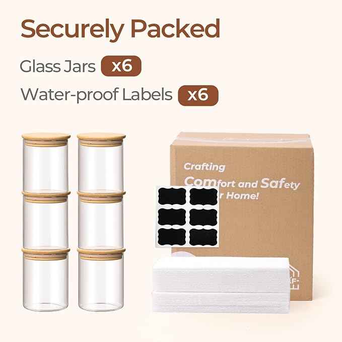 ComSaf 0.8 Qt Glass Food Storage Jars Set of 6, Clear Glass Storage Containers with Lids, Pantry Organization Jar, Spice Jar, Blooming Tea, Coffee and Sugar Container, Small Canister Set for Kitchen