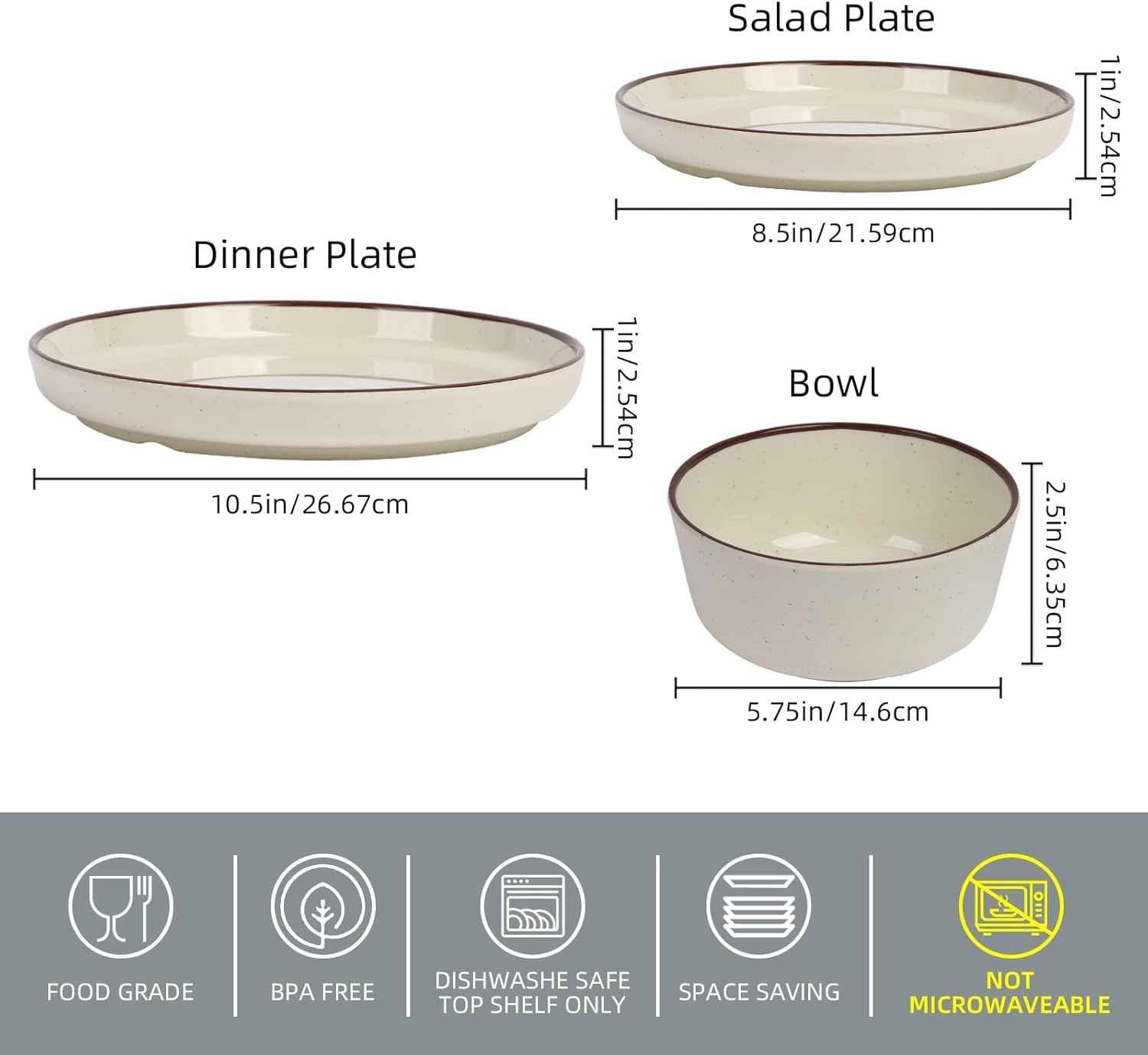 Melamine Dinnerware Sets 12 Piece Butter Yellow Base with Speckles Unbreakable Plates & Bowls Sets Lightweight Shatterproof Durable Dishware for Camping Picnic Party(Butter Yellow with Dark Brown Rim)
