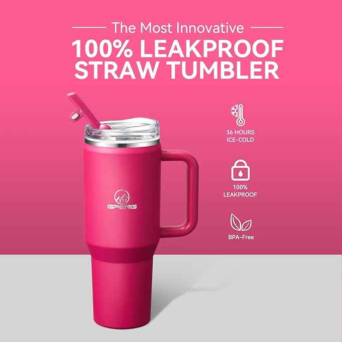 Gpeng 30 oz Tumbler with Handle, Water Bottles with Straw Lid, Insulated Stainless Steel Travel Mug Cup Holder Friendly, Keep Drinks Cold or Hot for Hours