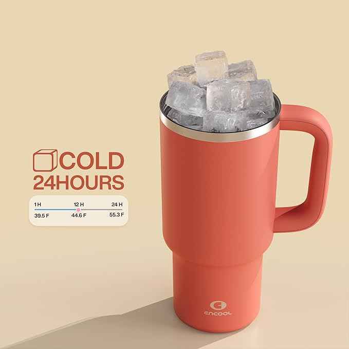 ENCOOL 32 oz Tumbler with Handle and Straw: Stainless Steel Insulated Tumbler Keeps Cold for 24 Hours, Leakproof Travel Cup Fits in Cup Holder and BPA-Free,Tawny Orange