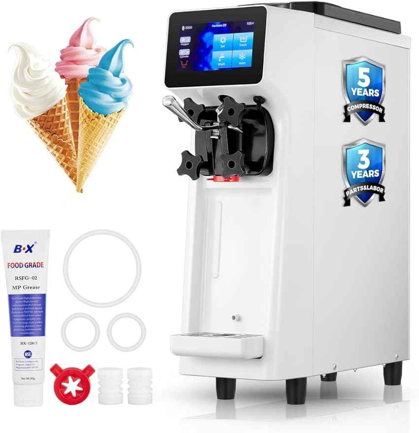 Commercial Ice Cream Machine, 2.6-5.3 Gal/h Soft Serve Ice Cream Machine with 4L Hopper & 1.6L Cylinder, Pre-Cooling & Auto Clean, Touch LCD for Snack Restaurants Bars (white, 4L)