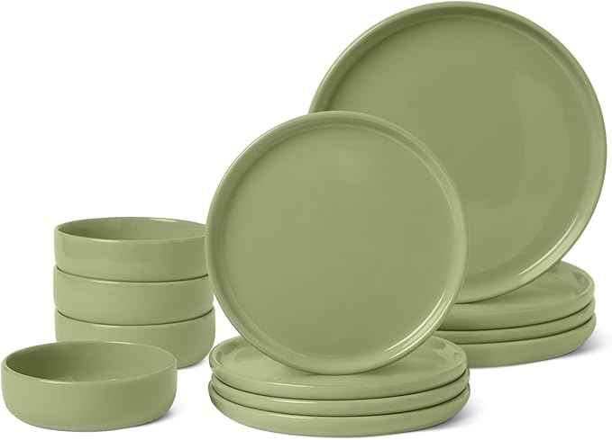 Amazon Basics Glazed Stoneware Dinnerware, 12-Piece Set, 4 Full Place Settings, Microwave and Dishwasher-Safe, Olive