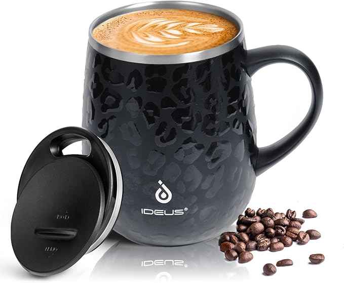 Ideus 16 oz (470 ml) Insulated Coffee Mug with Handle and Lid, Double Wall Stainless Steel Vacuum Thermal Coffee Mug, Travel Coffee Cup Thermal Cup for Home and Office, Leopard Black