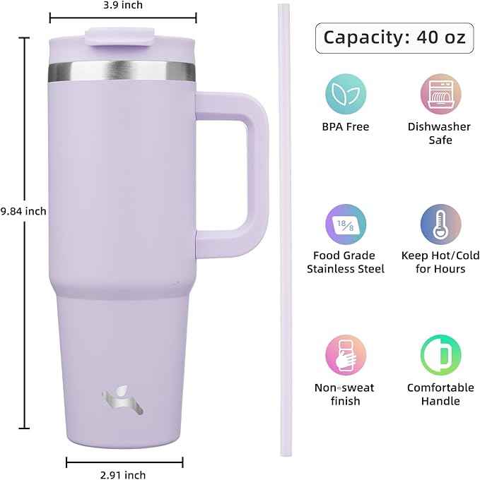 Konokyo 40 oz Tumbler with Handle and 2 Straws,2 in 1 Lid Insulated Water Bottle Stainless Steel Travel Coffee Mug,Wisteria