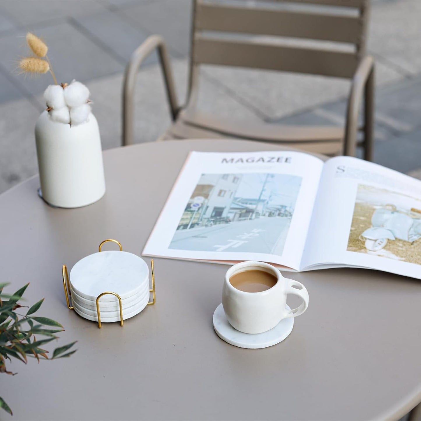 Carrara White Marble Coasters Set of 6 with Holder, Elegant Modern Round White Marble Drink Coasters for Coffee Table Decor, Semi Absorbent Stone Coaster for Drinks, Velvet Backed