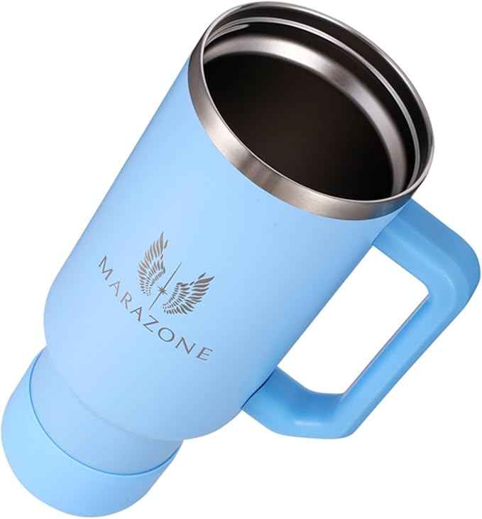 MARAZONE 40oz Stainless Steel Travel Tumbler with Handle, Three-Position Lid, Straw with Silicone Tip, Vacuum Insulated Water Bottle for Hot & Cold Drinks, Great Gifts for Mom, Sky Blue