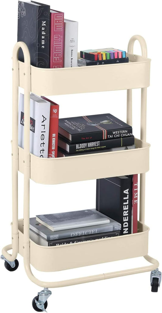 Melody House 3-Tier Metal Mesh Utility Rolling Cart Storage Organization Cart with Wheels, Beige