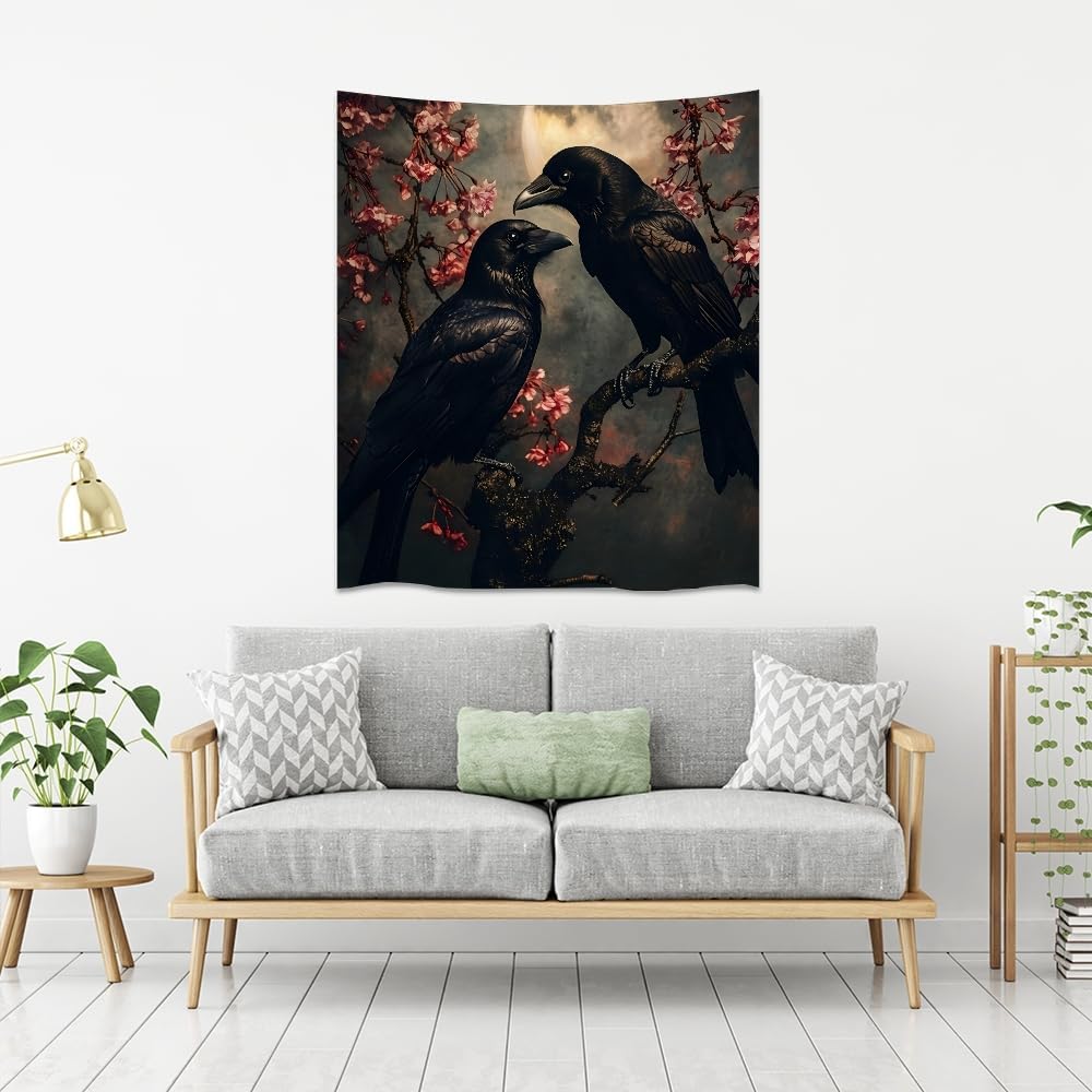 Mystic Gothic Raven Tapestry Halloween Crow Decor Vintage Dark Academia Bedroom Tapestries Retro Art Aesthetic Wall Tapestry for Bedroom Dorm Living Room white