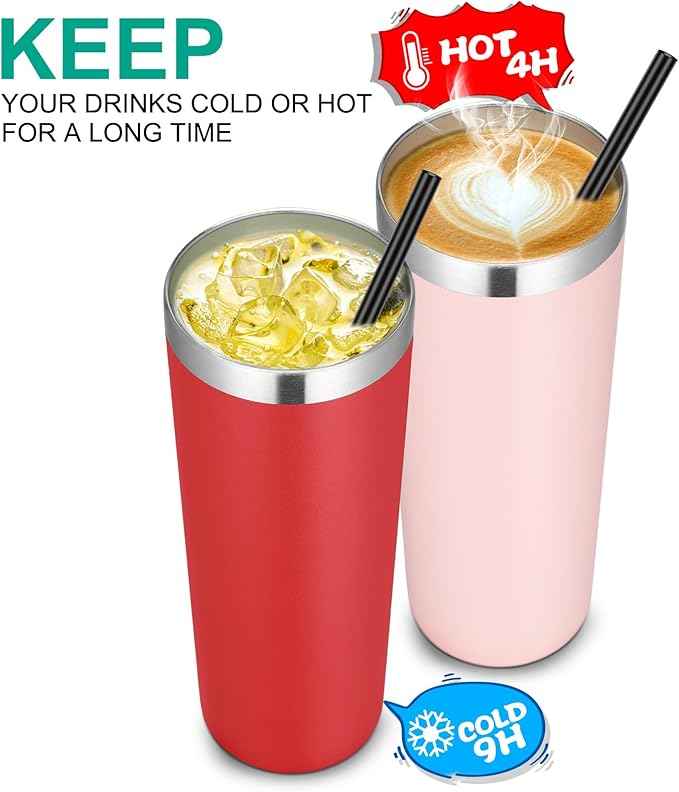 VEGOND 20 oz Stainless Steel Skinny Tumbler with Lids and Straws, 20oz Vacuum Insulated Slim Tumbler Cup, Double Wall Travel Tumblers Bulk for Cold Hot Drinks, Red 6 Pack