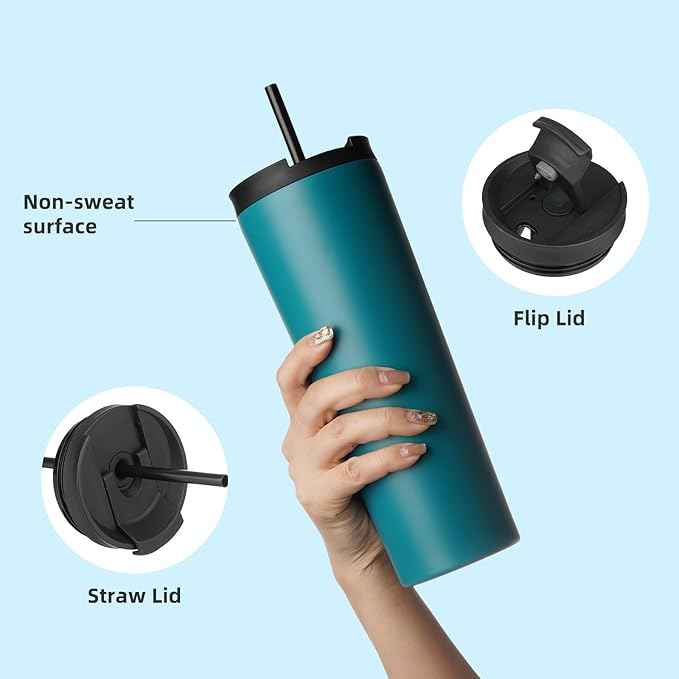 Konokyo 22 OZ Insulated Tumbler with Lid and 2 Straws Stainless Steel Water Bottle Vacuum Travel Mug Coffee Cup,Blue