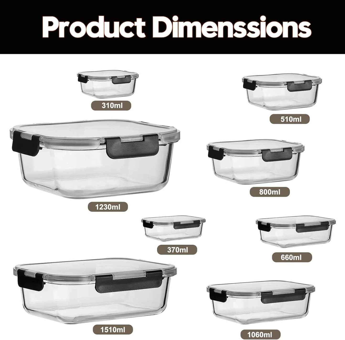Wells Glass Meal Prep Containers, 8 Pack Glass Food Storage Containers Set with Airtight Locking Lids for Lunch, Fridge, Freezer, Dishwasher Safe, BPA-Free, Clear
