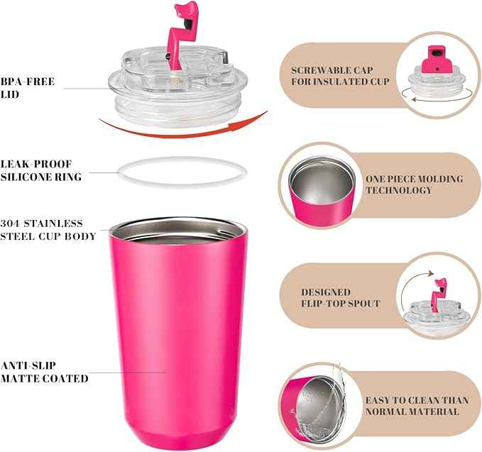Puraville Insulated Tumblers with Lid, 14 oz Travel Coffee Mug Stainless Steel Vacuum Cup, Leak Proof Reusable Double Walled Coffee Tumbler for Iced and Hot Drinks, Fuchsia