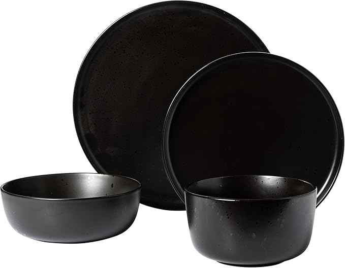 Gibson Elite James Street Stoneware Matte Reactive Double Bowl Dinnerware Set - Pepper Black, Service for 4 (16pcs)