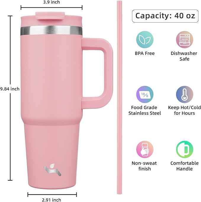 Konokyo 40 oz Tumbler with Handle and 2 Straws,2 in 1 Lid Insulated Water Bottle Stainless Steel Travel Coffee Mug,Pink