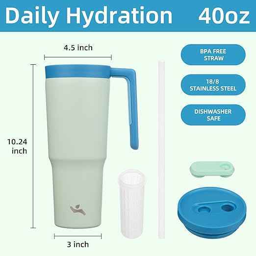 Konokyo Insulated Tumbler with Handle and Straw,40 OZ Vacuum Stainless Steel Water Bottle Travel Mug Metal Cup with Fruit Diffuser,Mist Blue