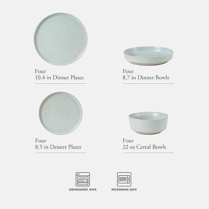 Gibson Elite Overbrook 16-Piece Pottery Clay Stoneware Dinnerware Set – Light Blue Reactive Glaze, Stackable Plates and Bowls w/Pasta Bowl, Service for 4 – Microwave & Dishwasher Safe