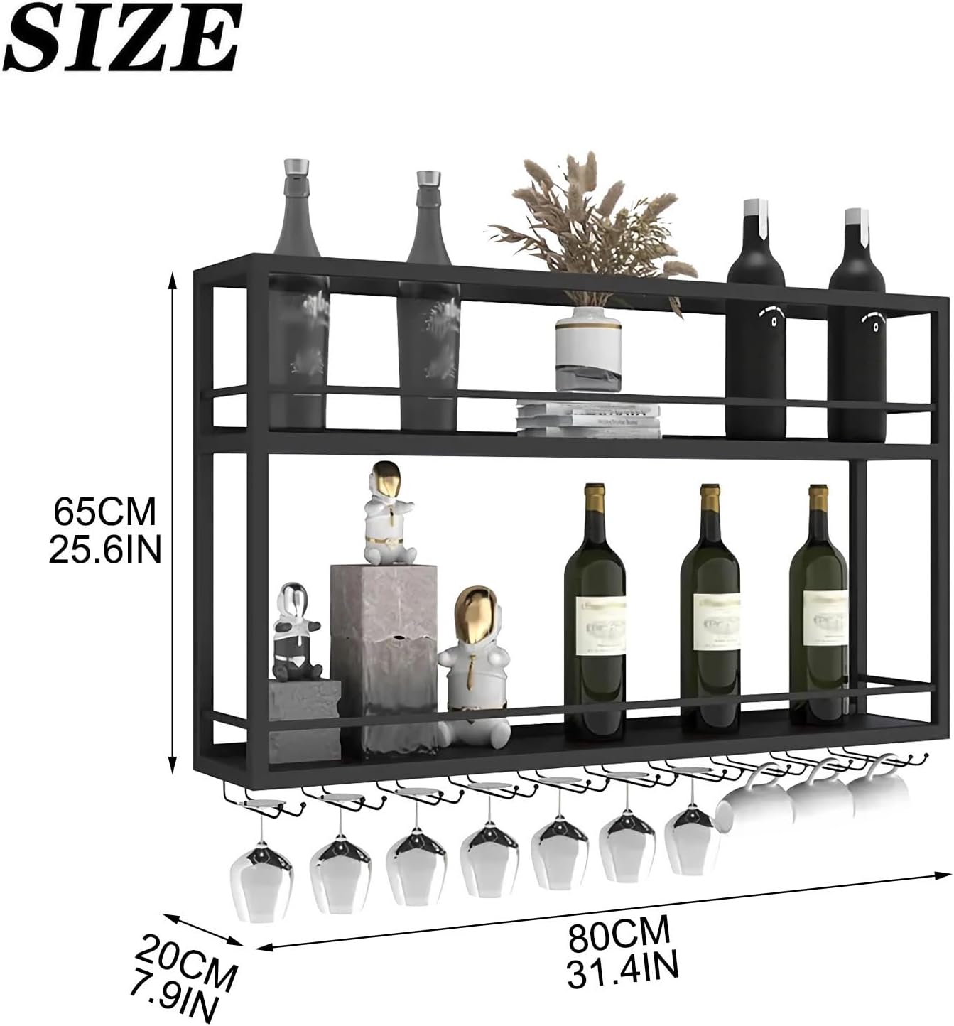 Industrial Wall Mounted Wine Rack, 2-Tier Wood Wine Bottle Shelf with Stemware Rack, Black Wine Glass Rack Multi Functional Wine Storage Display Rack for Home Bar Dining Room Kitchen (31.4×7.8×26in)