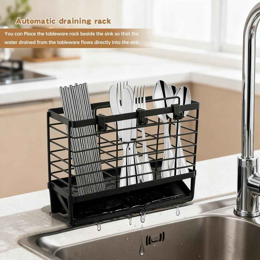 3-Compartment Dish Drying Rack for Kitchen, Carbon Steel Utensil Holder with Drain Tray, Utensil Caddy Organizer for Knives, Forks, Spoons, Chopsticks, Wall Mount or Countertop(COLOR:Black)