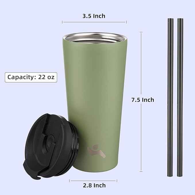 Konokyo 22 OZ Insulated Tumbler with Lid and 2 Straws Stainless Steel Water Bottle Vacuum Travel Mug Coffee Cup,ArmyGreen