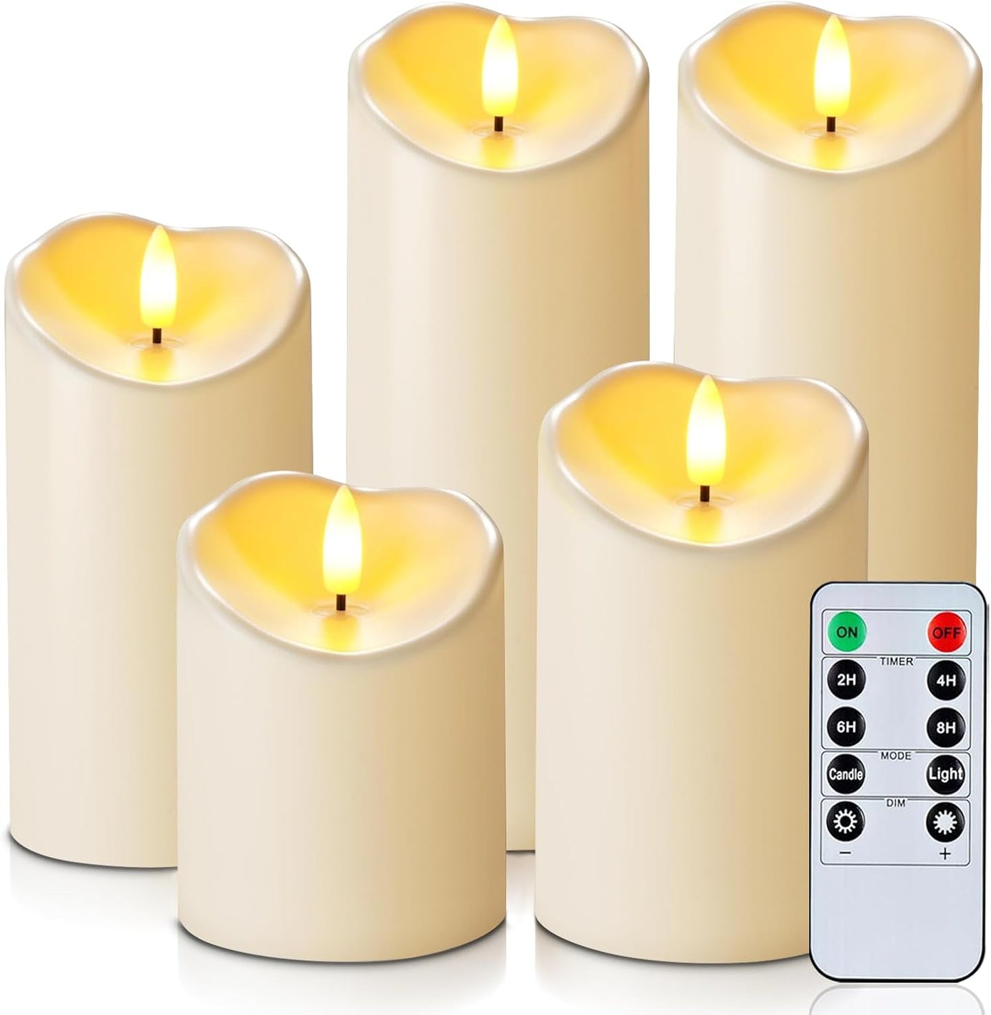 Homemory Outdoor Waterproof Flameless Candles, LED Candles, Battery Operated Candles with Remote and Timers, Electric Fake Plastic Pillar Candles, Dark Ivory, D3 H4 5" 6" 8" 8", Set of 5