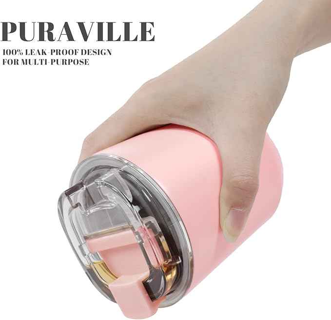 Puraville Insulated Tumblers with Lid, 10 oz Travel Coffee Mug Stainless Steel Vacuum Cup, Leak Proof Reusable Double Walled Coffee Tumbler for Iced and Hot Drinks, Pink