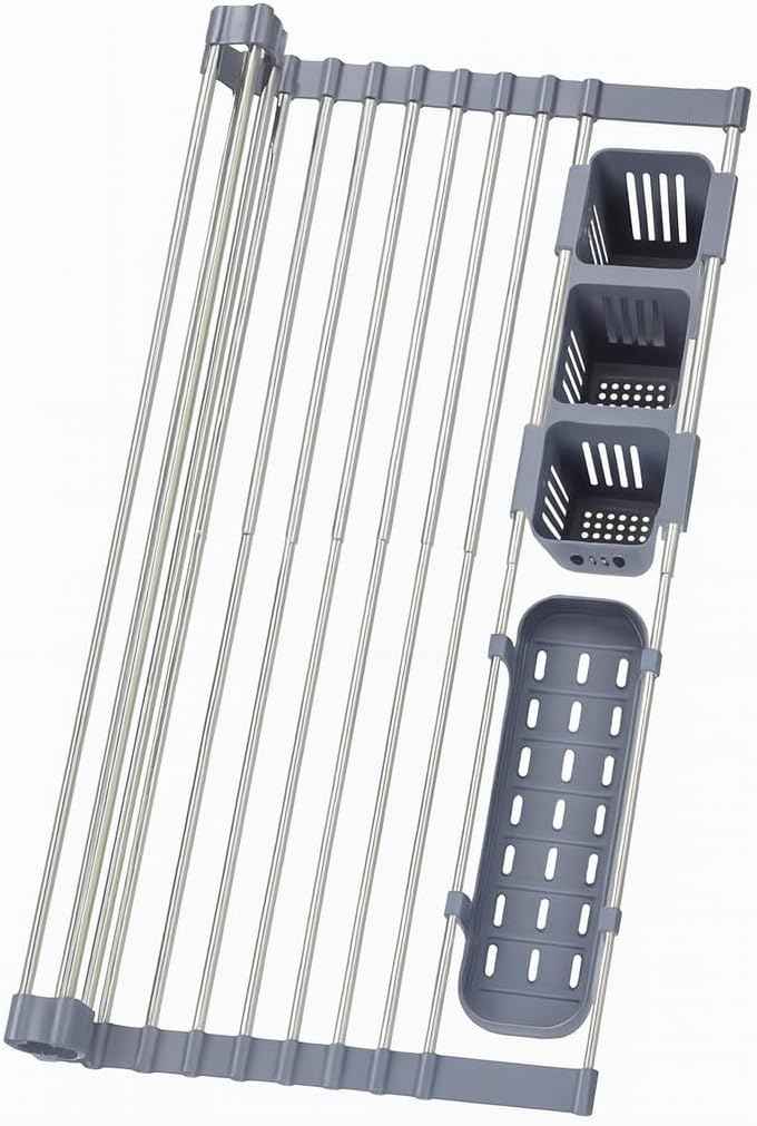 Gabrielline Extra Large Roll Up Dish Drying Rack for Kitchen Sink - 21.6” x 12.7” Stainless Steel Over The Sink Mat with Utensil Caddy & Drip Tray - Heavy Duty Space Saving 5-PC Set