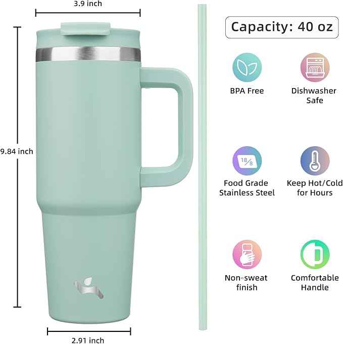 Konokyo 40 oz Tumbler with Handle and 2 Straws,2 in 1 Lid Insulated Water Bottle Stainless Steel Travel Coffee Mug,Retro Green