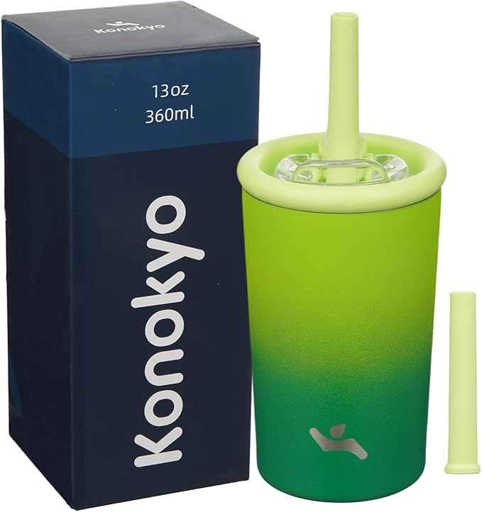 Konokyo 13oz Insulated Tumbler with Lid and Straw, Reusable Iced Coffee Cup with Lid, Travel Coffee Mug, BPA-Free, Leak-Proof and Durable, Matcha Green