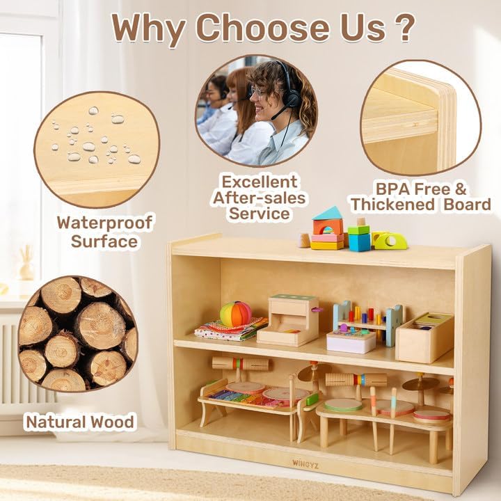 wingyz Wooden Storage Cabinet, 2-Tier Kids Toy Storage Organizer, Spacious Montessori Kids Bookshelf, Toy Shelf Storage Organizer for Playroom Classroom Nursery Study Room Living Room