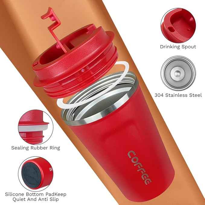 SPLMIFA Travel coffee mugs leak-proof, reusable coffee cup with lid, stainless steel vacuum insulated coffee tumblers, thermal insulation cups for men & women keep drinks hot & cold (2nd-Red, 12OZ)