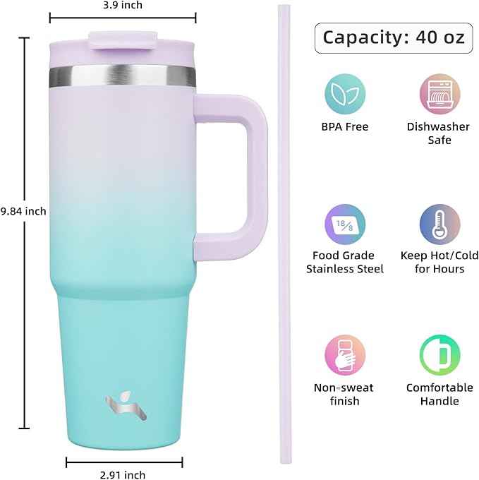 Konokyo 40 oz Tumbler with Handle and 2 Straws,2 in 1 Lid Insulated Water Bottle Stainless Steel Travel Coffee Mug,Lavender Green