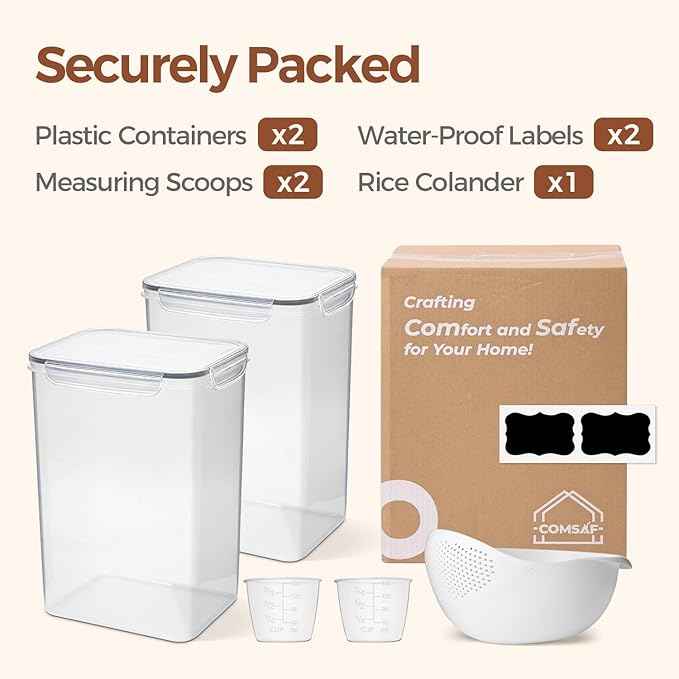 ComSaf Rice Container Set of 2(9.5L/10Qt), Large Airtight Food Storage Containers with Lid and Rice Washer, Plastic Canisters Sets for The Kitchen, Pantry Organizers for Flour, Cereal and Cooking