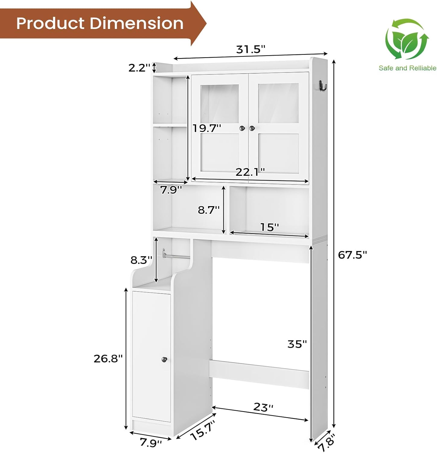 Itaar Over The Toilet Storage Cabinet, Over Toilet Bathroom Organizer with Glass Doors & Toilet Paper Holder Stand, Home Space-Saving Toilet Rack, for Bathroom, Restroom, Laundry(White) - Lumora Casa