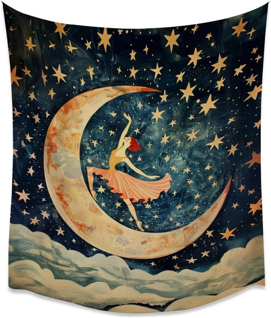 Dancer on the Moon Tapestry Starry Night Sky Art Print Dark Academia Gothic Aesthetic Wall Hanging Stars Moon Clouds Tapestries Whimsical Wall Decor for Nursery Bedroom 50x60inch
