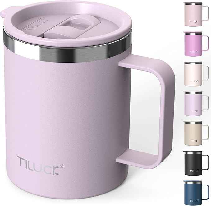TILUCK 12 oz Insulated Coffee Mug with Lid, Double Wall Vacuum Insulated Travel Mug Cup with Handle for Hot or Cold Drinks（12oz，Matte LightPurple）