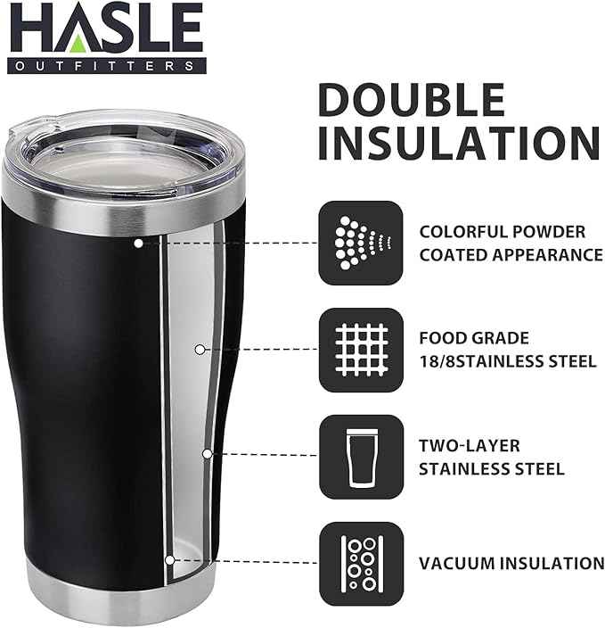 HASLE OUTFITTERS 20 oz Tumbler Bulk, Stainless Steel Tumblers with Lid, Vacuum Insulated Tumbler, Double Wall Tumbler Cup, coffee mugs, Black, 6 Pack