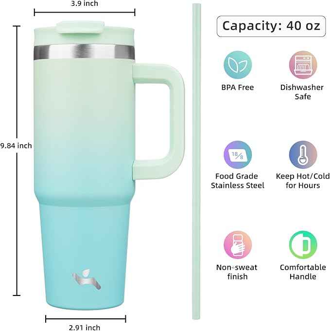 Konokyo 40 oz Tumbler with Handle and 2 Straws,2 in 1 Lid Insulated Water Bottle Stainless Steel Travel Coffee Mug,Mint