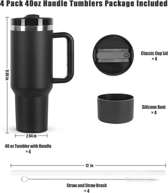4 Pack 40 oz Tumbler with Handle and Straw Lid, Stainless Steel Double Wall Vacuum Insulated Travel Mug, Insulated Coffee Mug, with Silicone Spill Proof Stopper Set(Black)